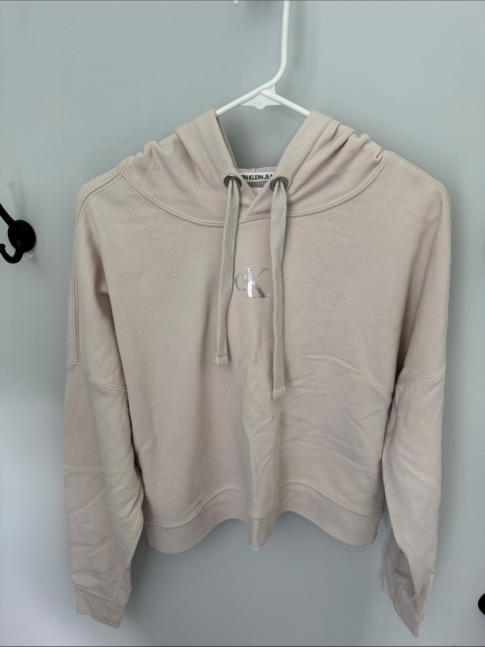 Calvin Klein Silver Logo Cropped Hoodie in Light Beige